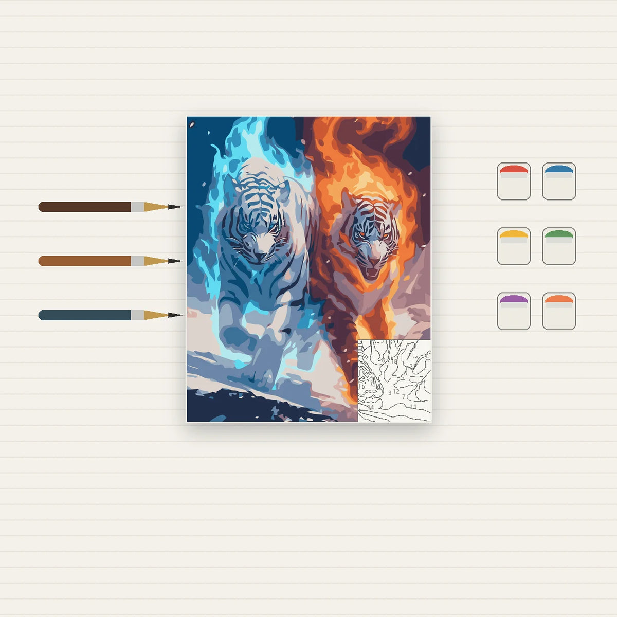 Complete Ice and Fire Tigers numbered canvas being painted with acrylic paints and brushes