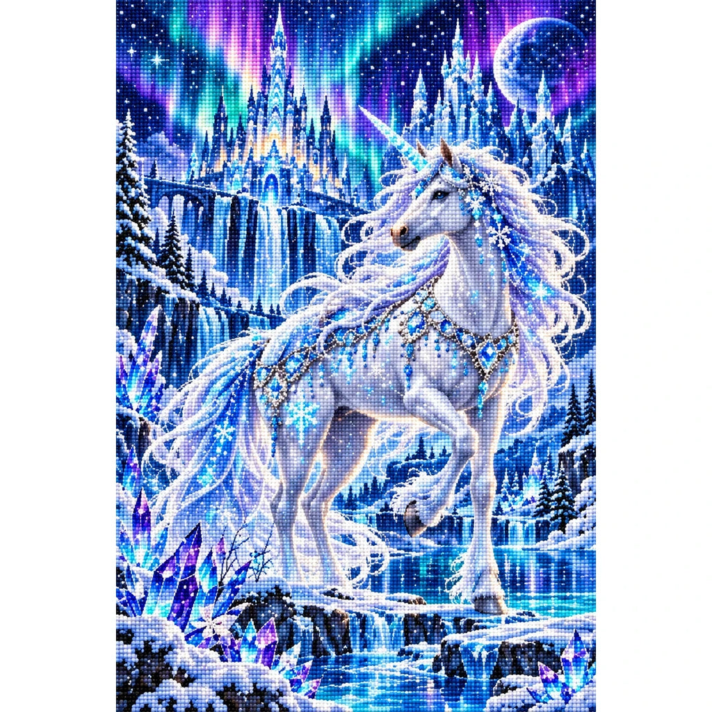 Ice Unicorn Aurora Palace finished diamond painting on white
