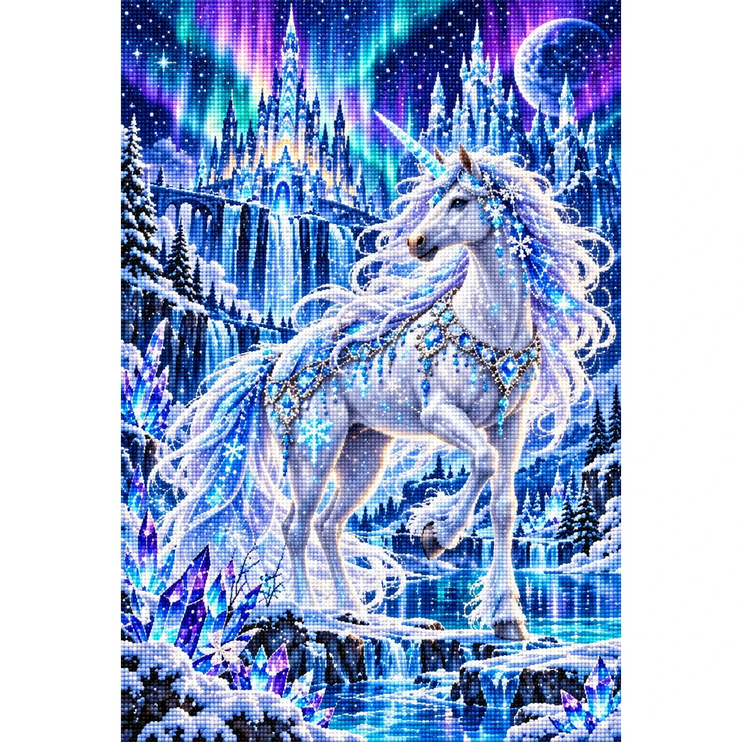 Ice Unicorn Aurora Palace finished diamond painting on white