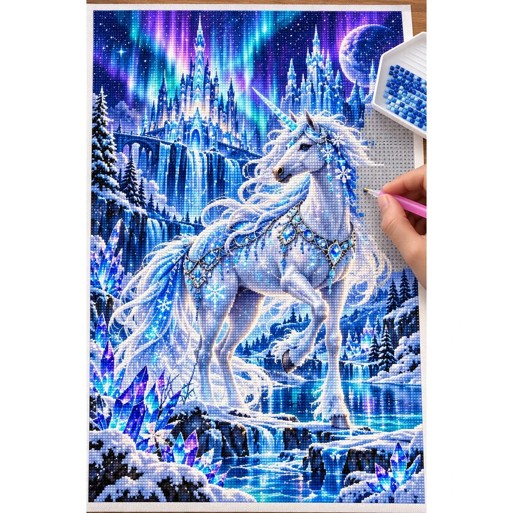 Ice Unicorn Aurora Palace diamond painting process