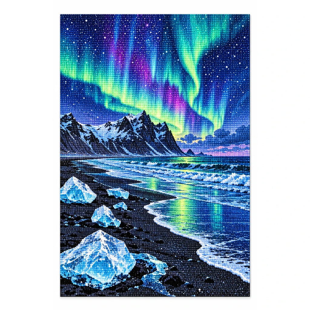 Iceland Aurora Black Beach finished diamond artwork on white background