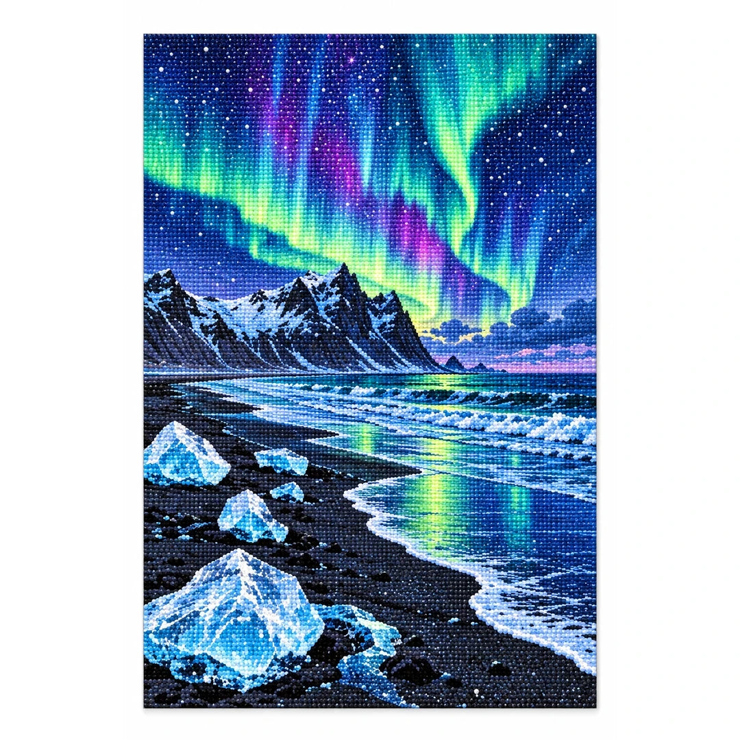 Iceland Aurora Black Beach finished diamond artwork on white background