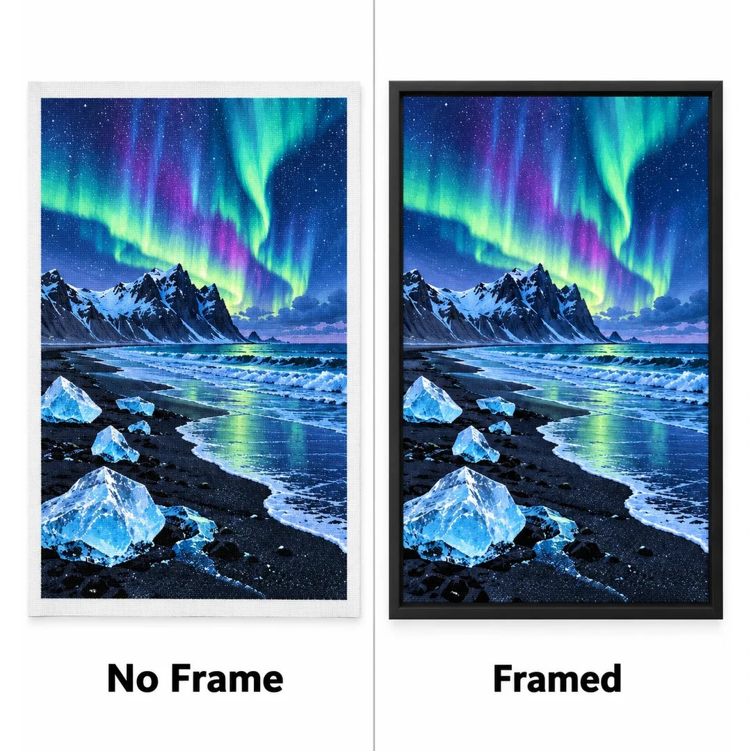 Iceland Aurora Black Beach No Frame and Framed comparison