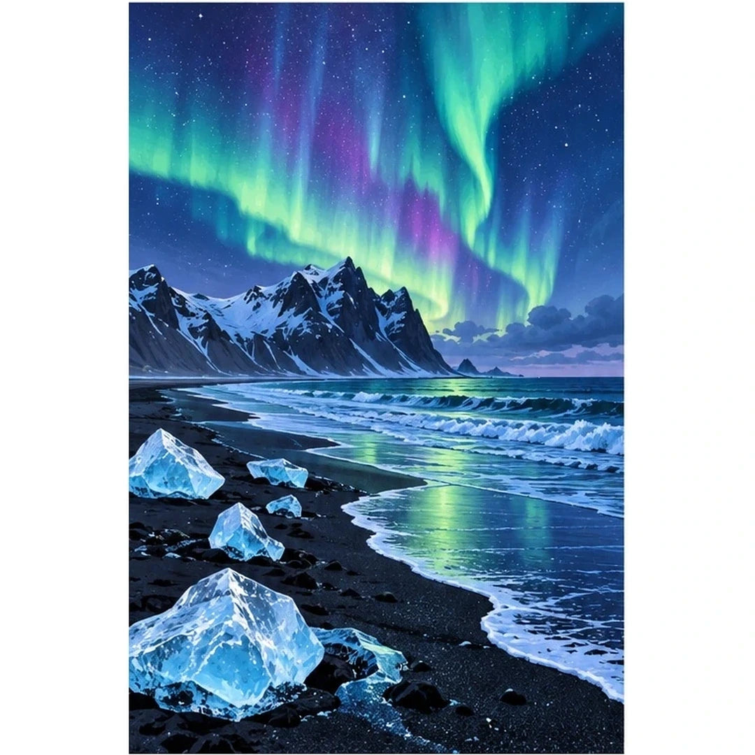 Iceland Aurora Black Beach original artwork on white background
