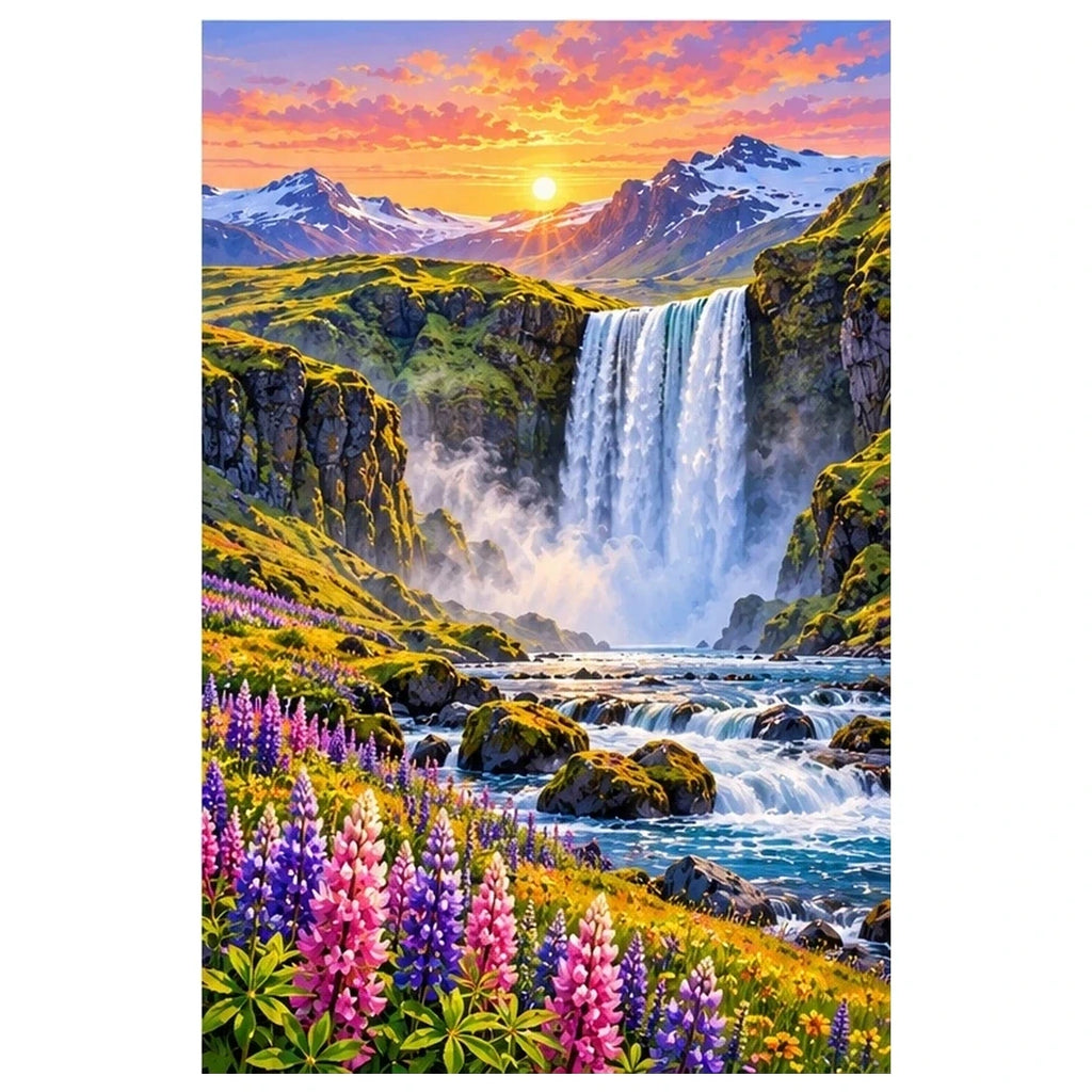 Iceland Waterfall Wildflowers original artwork on white