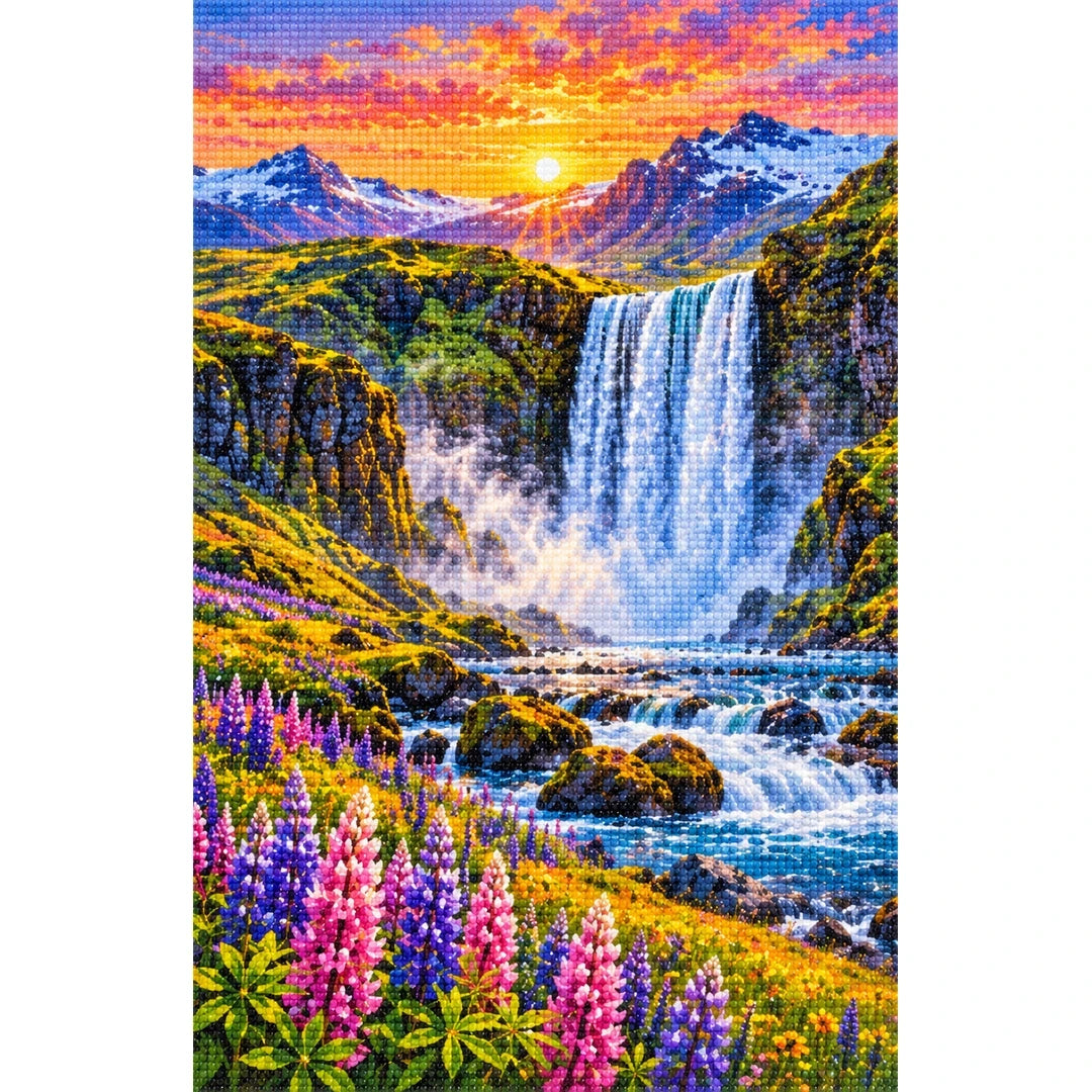 Iceland Waterfall Wildflowers finished diamond painting on white