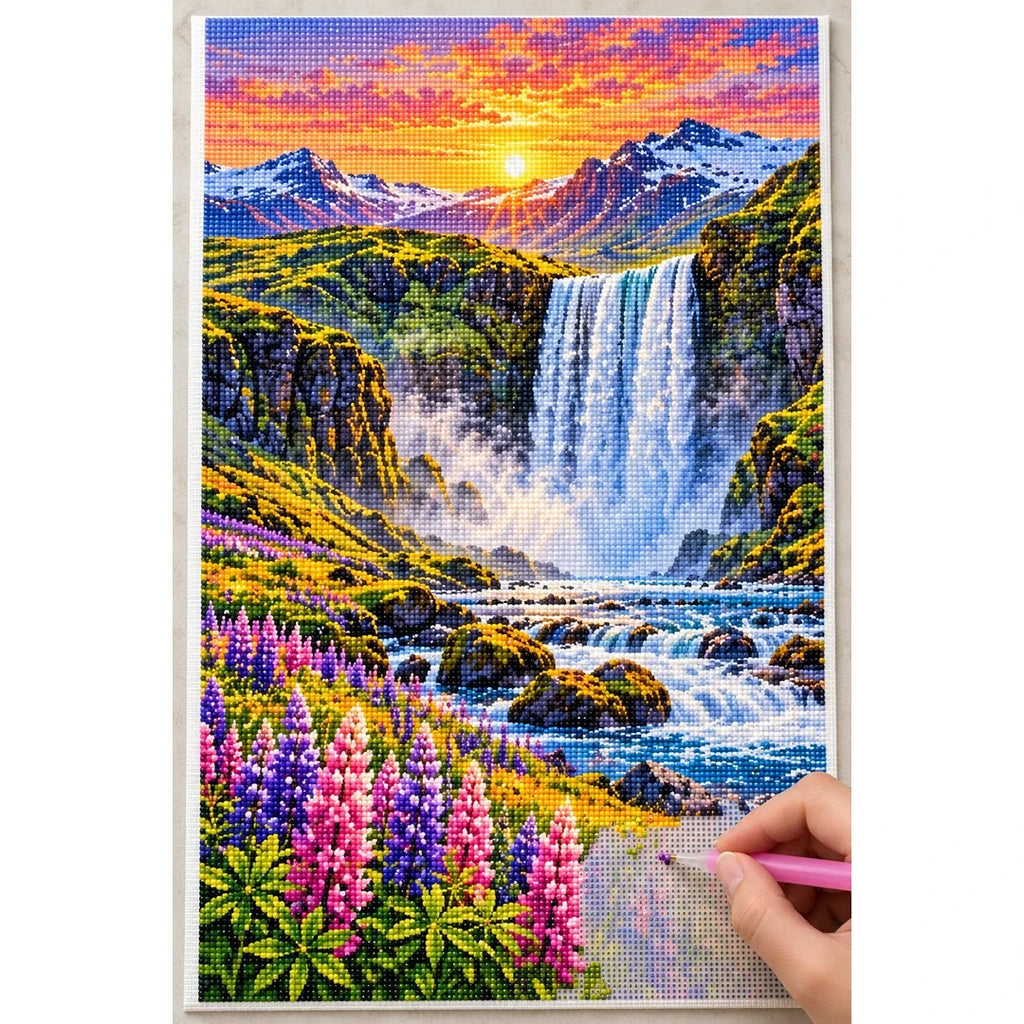 Iceland Waterfall Wildflowers diamond painting process