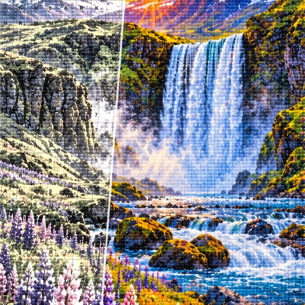 Iceland Waterfall Wildflowers canvas and resin drill detail