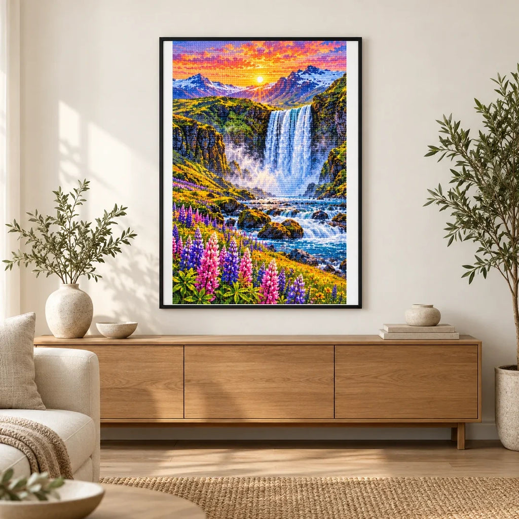 Iceland Waterfall Wildflowers finished artwork in home décor