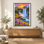Iceland Waterfall Wildflowers finished artwork in home décor