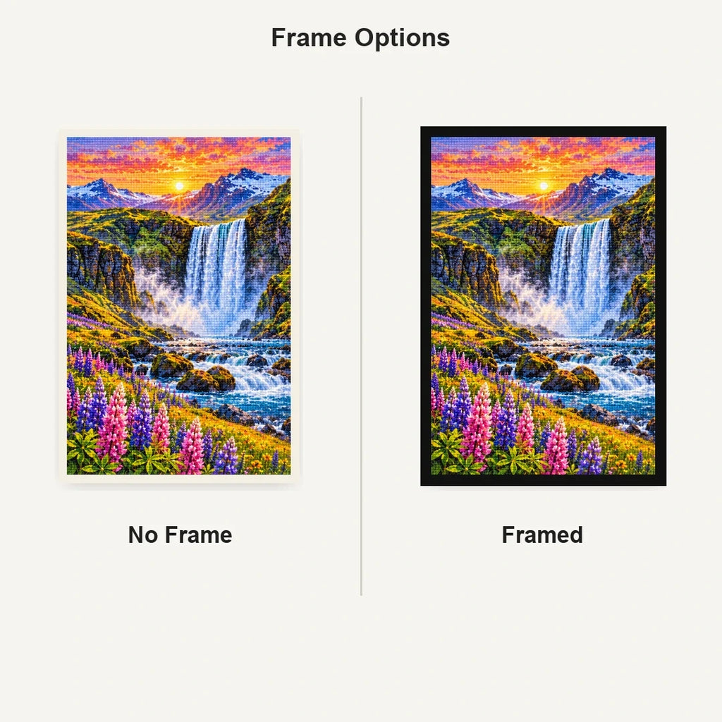 Iceland Waterfall Wildflowers No Frame and Framed comparison