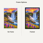 Iceland Waterfall Wildflowers No Frame and Framed comparison