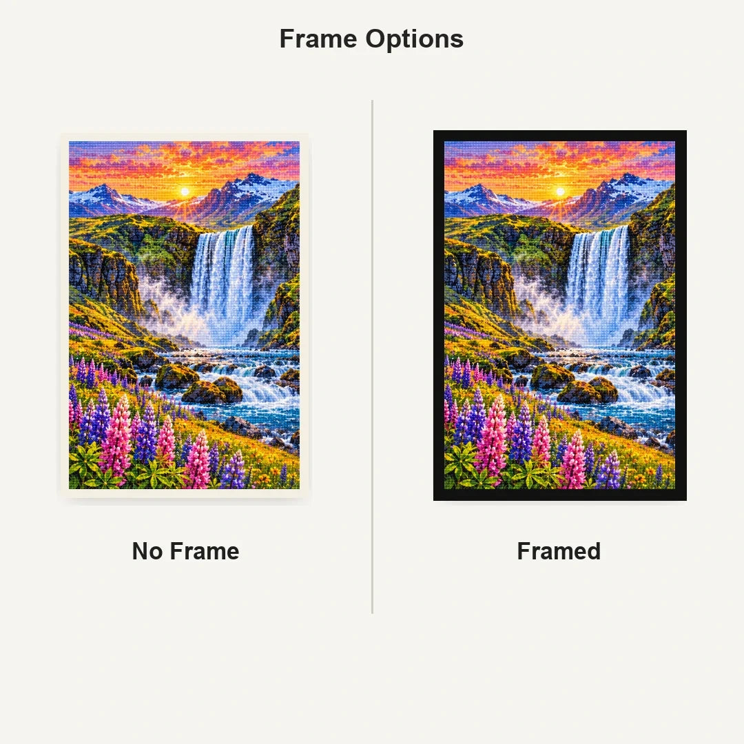 Iceland Waterfall Wildflowers No Frame and Framed comparison