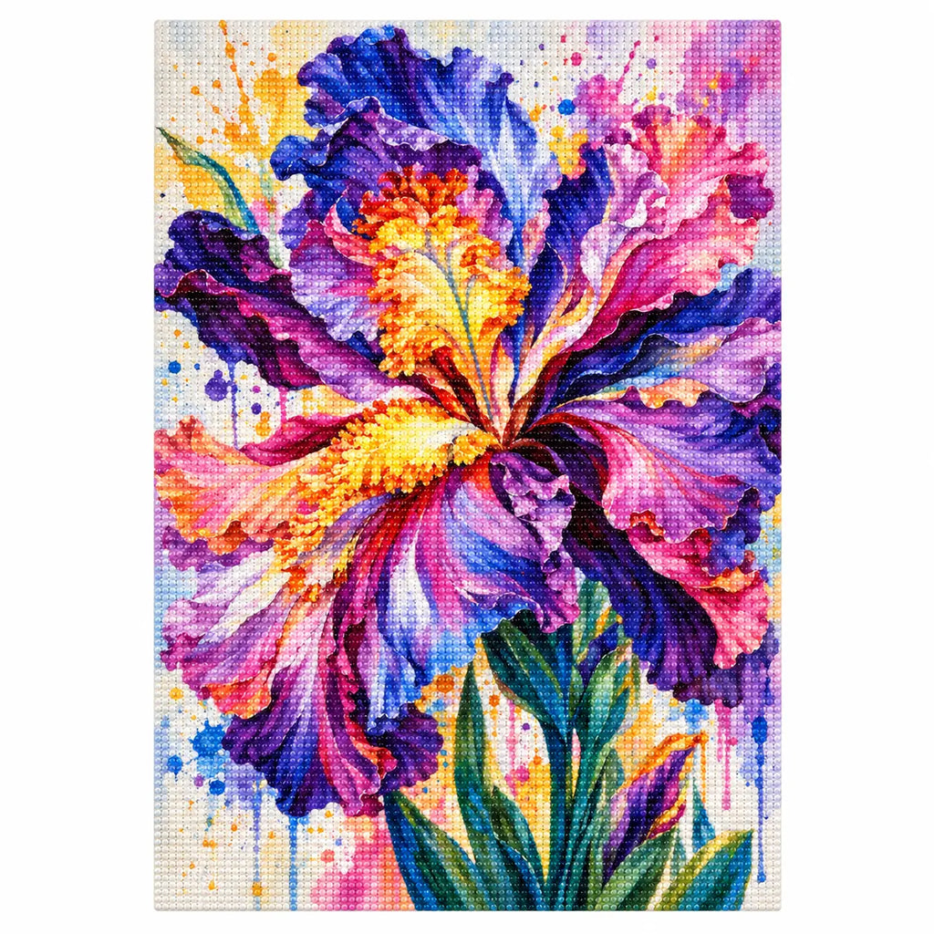 Finished diamond painting of iris in bloom.