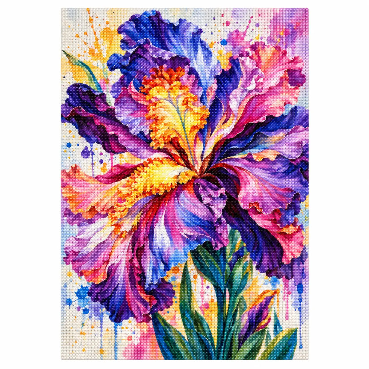 Finished diamond painting of iris in bloom.