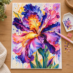 Diamond painting process for iris in bloom.