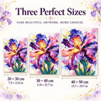 Size guide for Iris In Bloom Diamond Painting Kit: 20 × 30 cm, 30 × 40 cm, and 40 × 50 cm.
