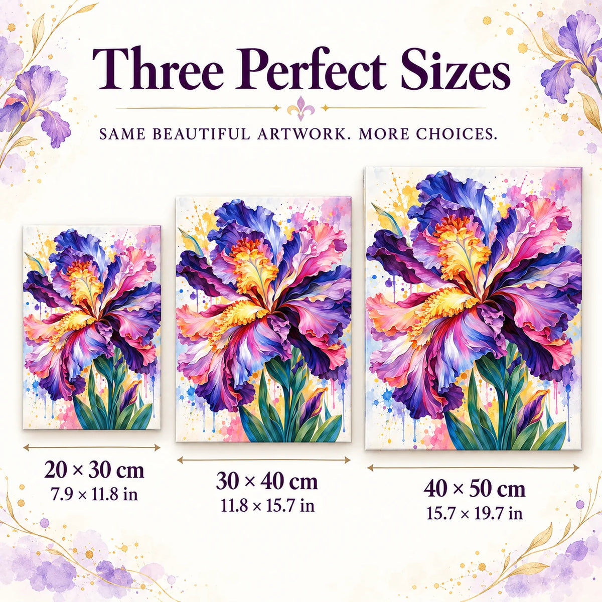 Size guide for Iris In Bloom Diamond Painting Kit: 20 × 30 cm, 30 × 40 cm, and 40 × 50 cm.