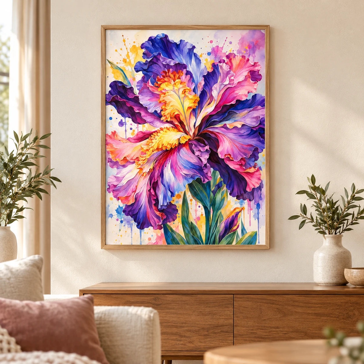 Home decor scene showing iris in bloom displayed on a wall.