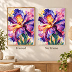 Framed and no-frame comparison for Iris In Bloom Diamond Painting Kit.