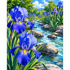 Original artwork for Irises Along the Brook Diamond Painting Kit, showing purple irises growing beside a flowing garden brook.