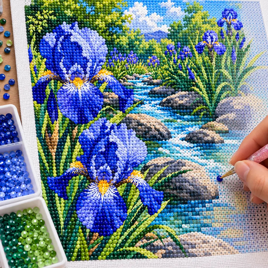Diamond painting process for Irises Along the Brook, with drills being placed over purple irises growing beside a flowing garden brook.
