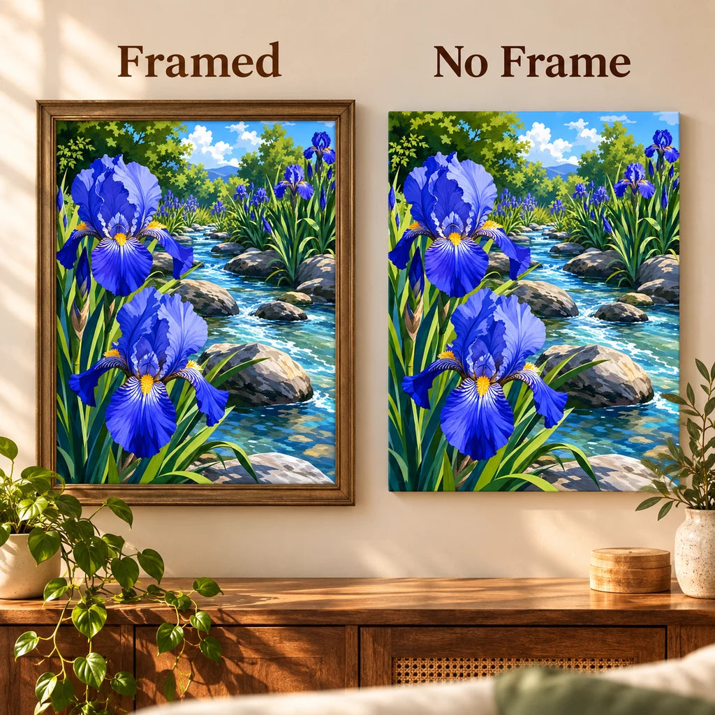 Framed and no-frame comparison for Irises Along the Brook artwork.