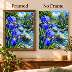 Framed and no-frame comparison for Irises Along the Brook artwork.