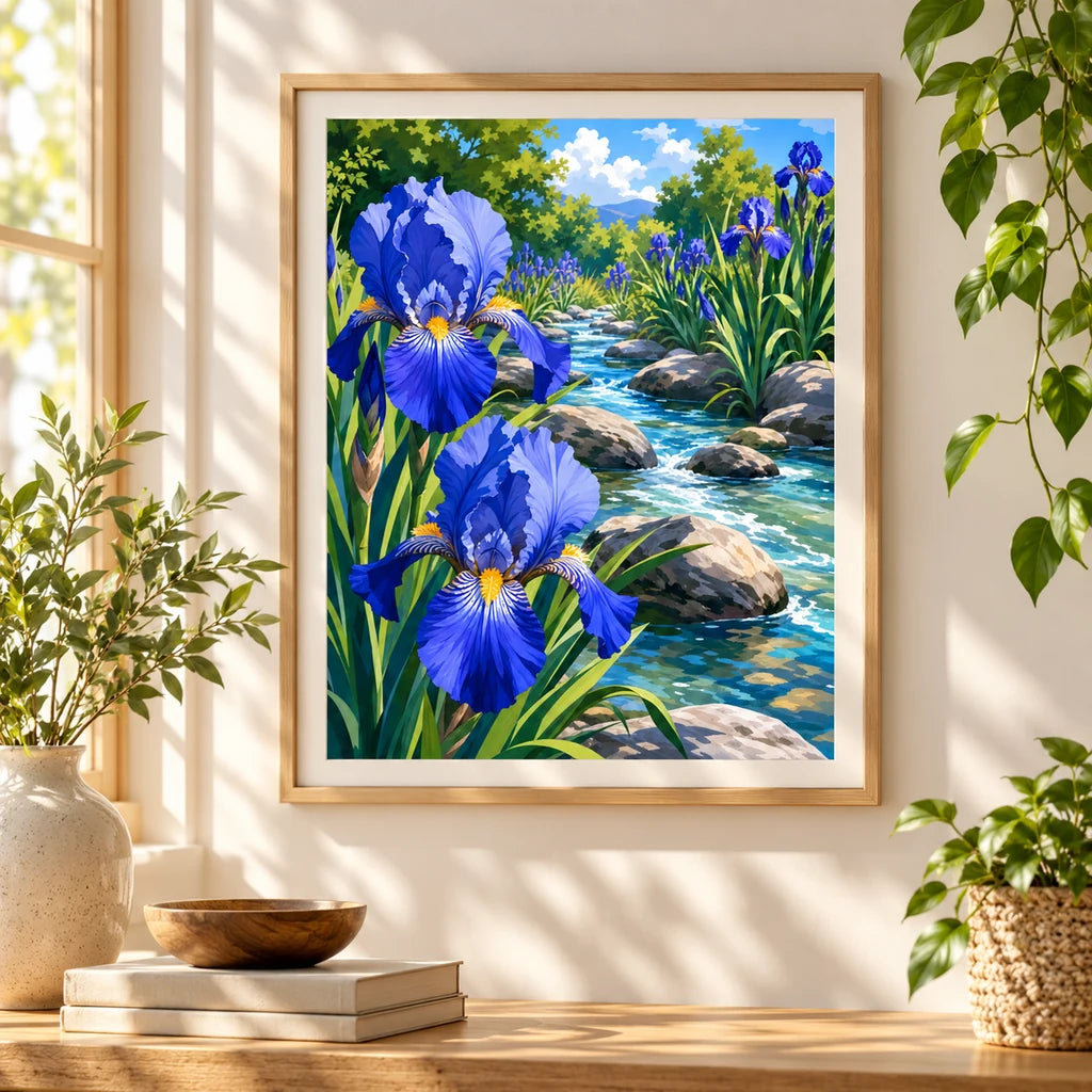 Home decor scene showing Irises Along the Brook artwork displayed on a wall.
