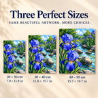 Size guide for Irises Along the Brook: 20 × 30 cm, 30 × 40 cm, and 40 × 50 cm.