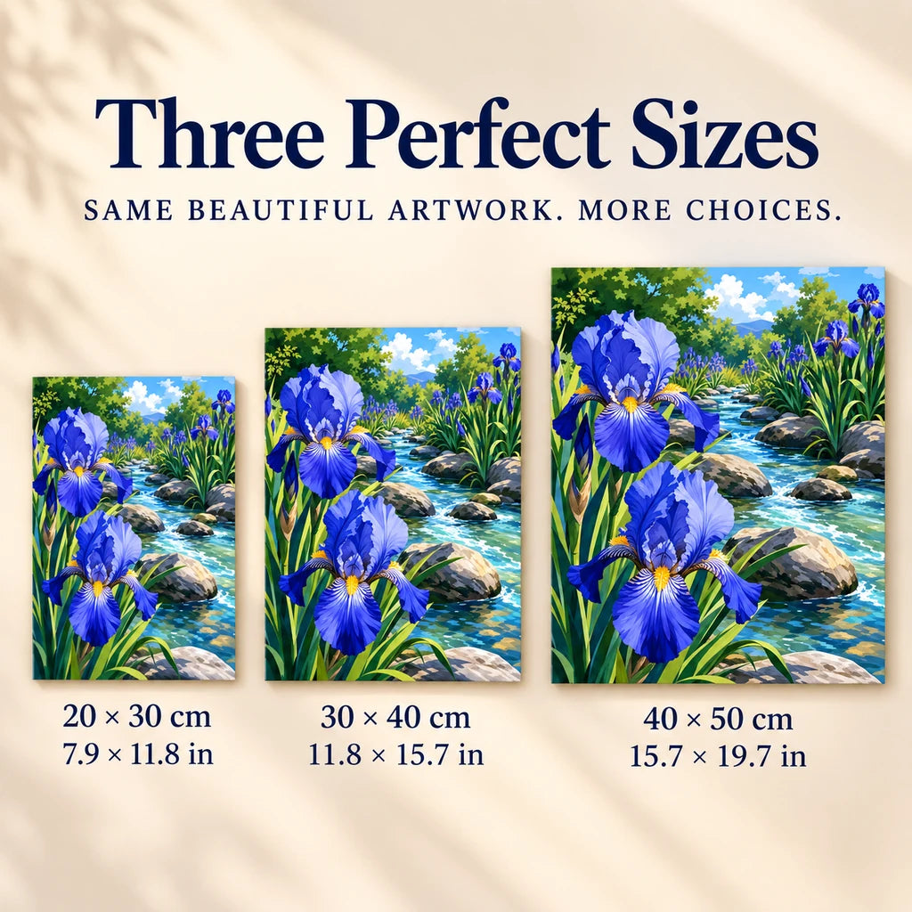 Size guide for Irises Along the Brook: 20 × 30 cm, 30 × 40 cm, and 40 × 50 cm.