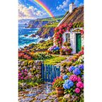 Irish Coastal Cottage Rainbow finished diamond painting on white
