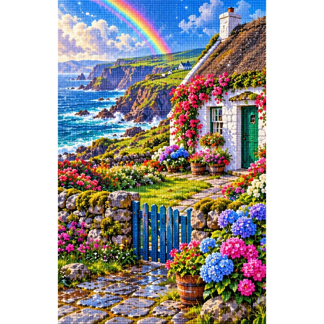 Irish Coastal Cottage Rainbow finished diamond painting on white