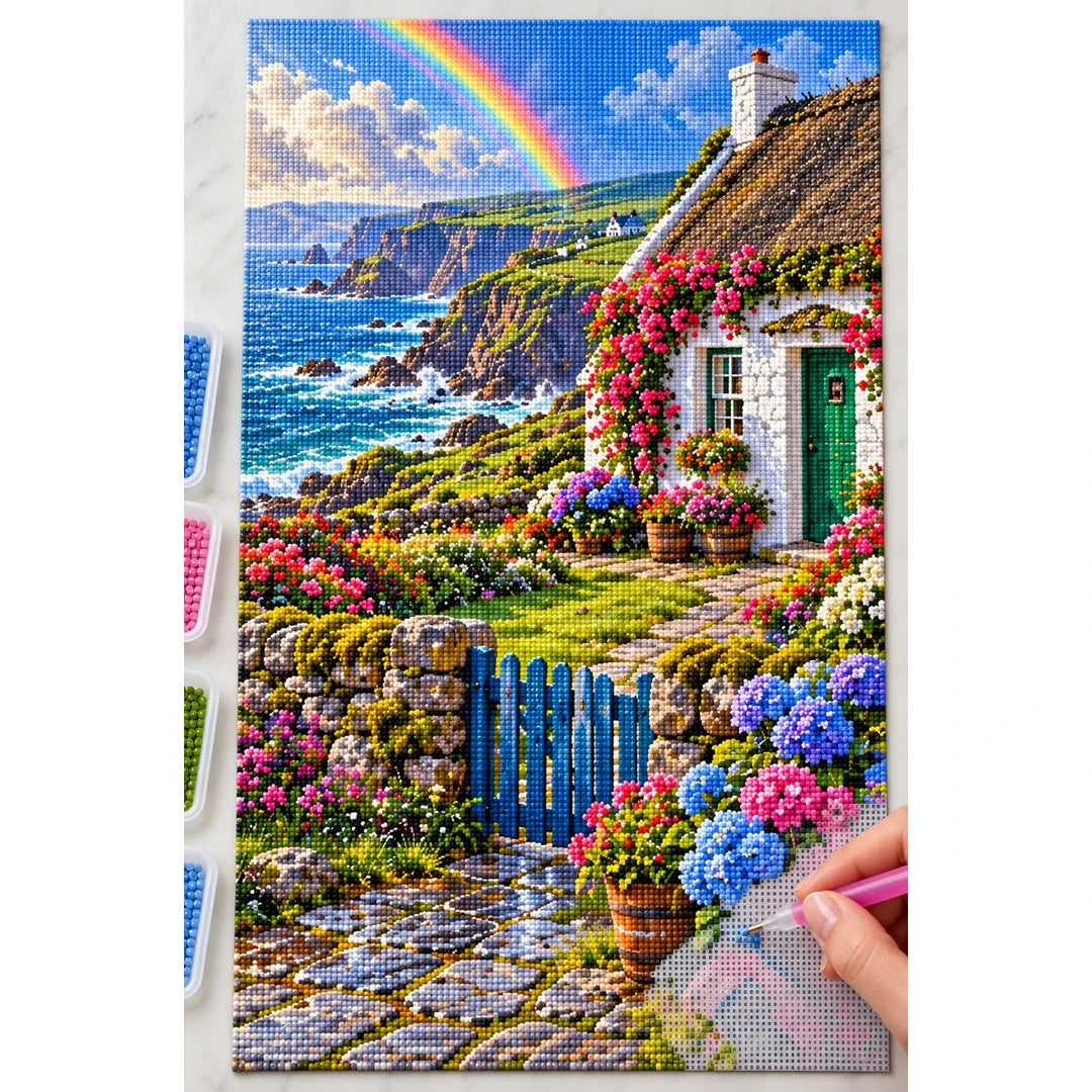 Irish Coastal Cottage Rainbow diamond painting process