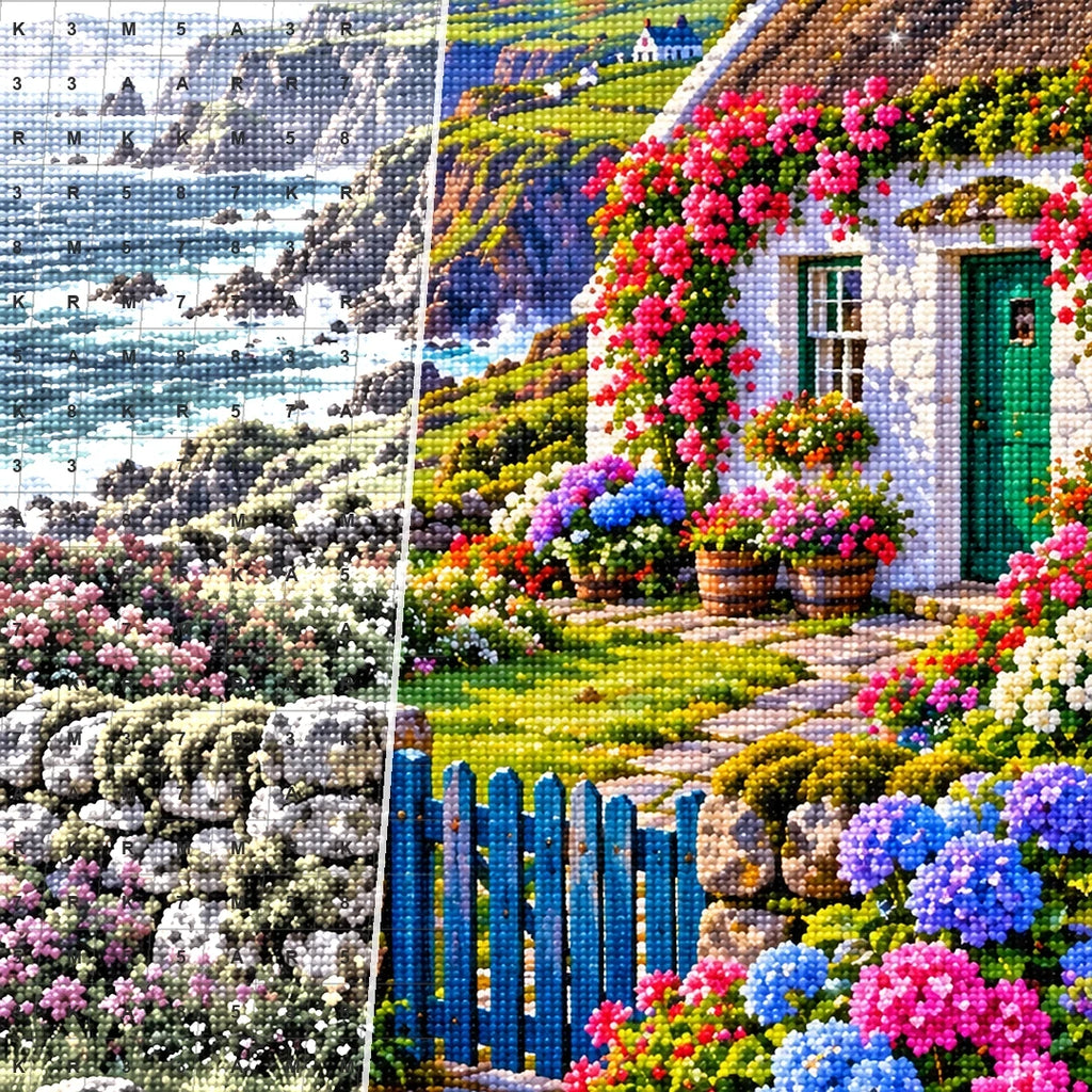 Irish Coastal Cottage Rainbow canvas and resin drill detail