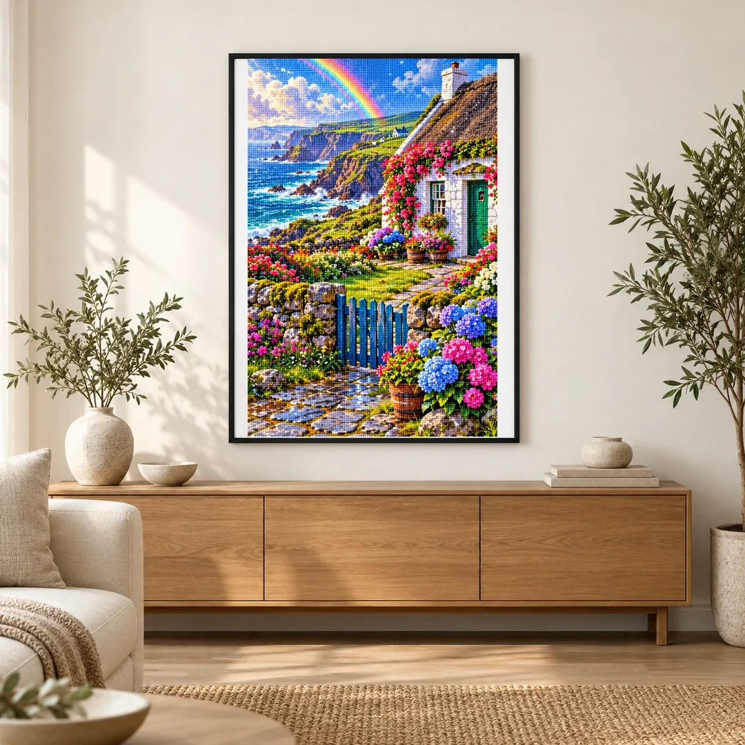 Irish Coastal Cottage Rainbow finished artwork in home décor