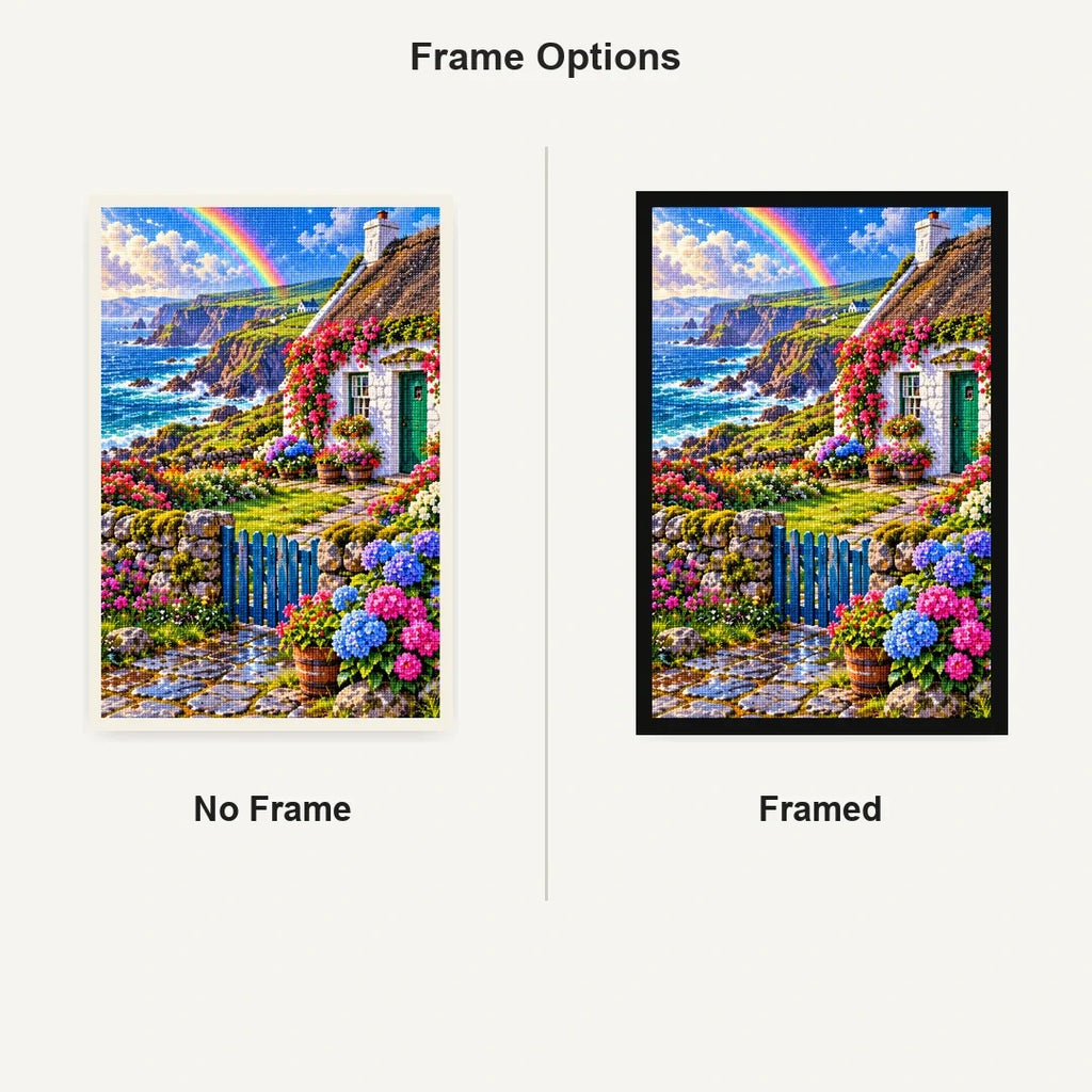 Irish Coastal Cottage Rainbow No Frame and Framed comparison