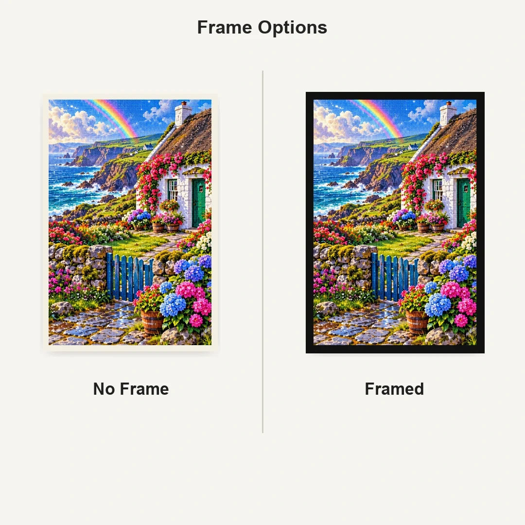 Irish Coastal Cottage Rainbow No Frame and Framed comparison