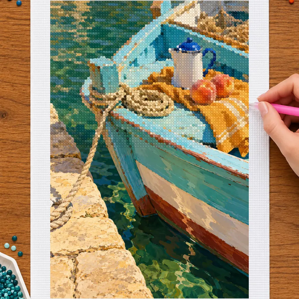 Hands placing drills on the italian boat bow and coffee diamond painting canvas