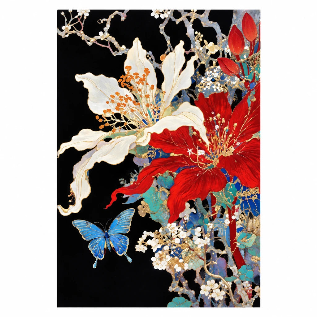 Original artwork showing ivory and scarlet flowers with a decorative butterfly.