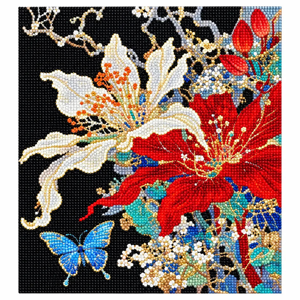 Finished diamond painting of ivory and scarlet flowers with a decorative butterfly.