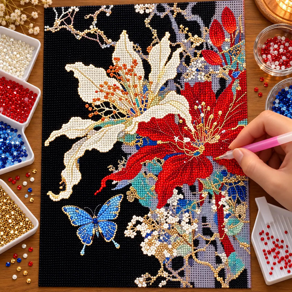 Diamond painting process for ivory and scarlet flowers with a decorative butterfly.