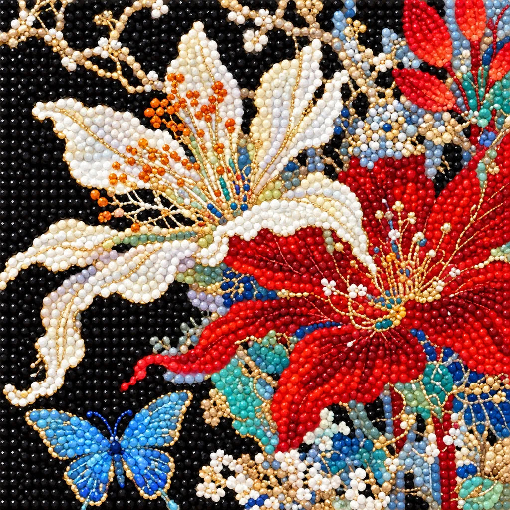 Close-up of diamond drill details in ivory and scarlet flowers with a decorative butterfly.