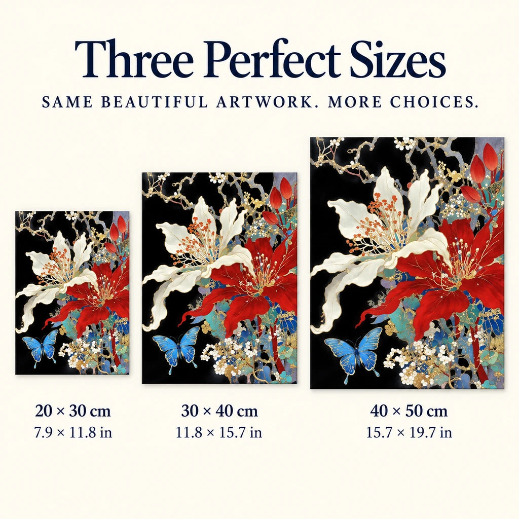 Size guide for Ivory and Scarlet Floral Butterfly Diamond Painting Kit: 20 × 30 cm, 30 × 40 cm, and 40 × 50 cm.