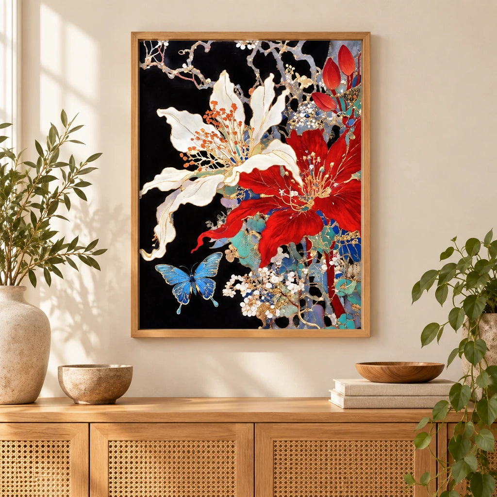 Home decor scene showing ivory and scarlet flowers with a decorative butterfly displayed on a wall.