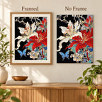 Framed and no-frame comparison for Ivory and Scarlet Floral Butterfly Diamond Painting Kit.
