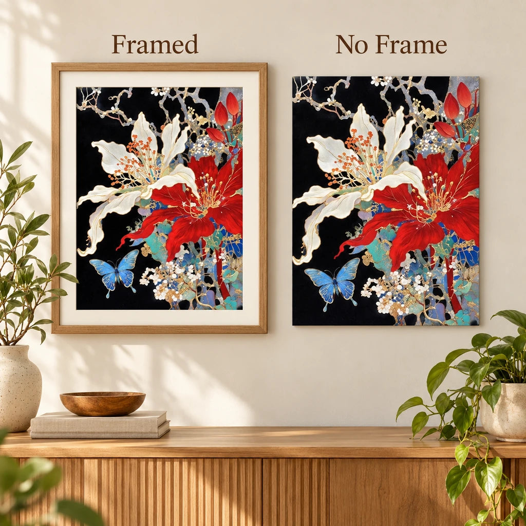 Framed and no-frame comparison for Ivory and Scarlet Floral Butterfly Diamond Painting Kit.