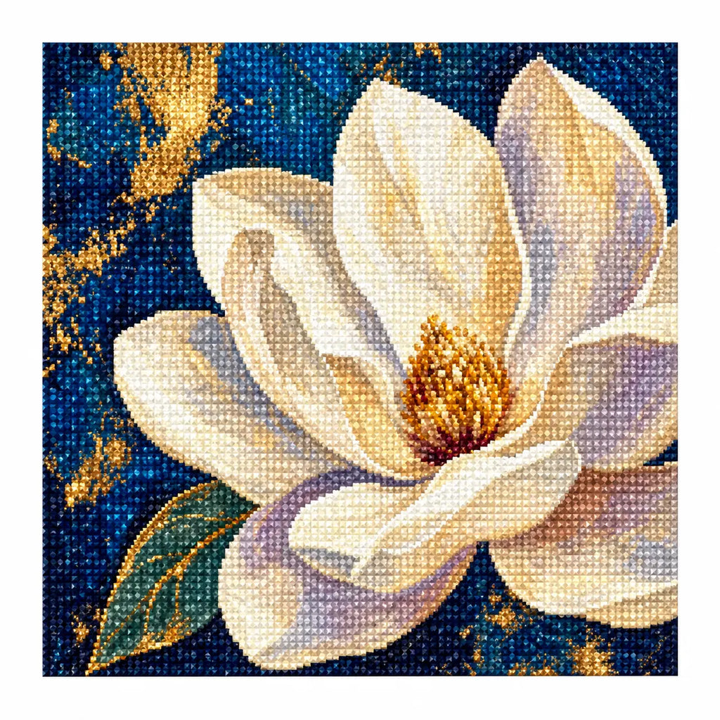 White-background finished diamond painting of Ivory Blossom On Midnight