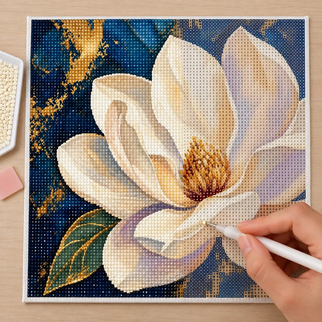 Diamond painting process for Ivory Blossom On Midnight