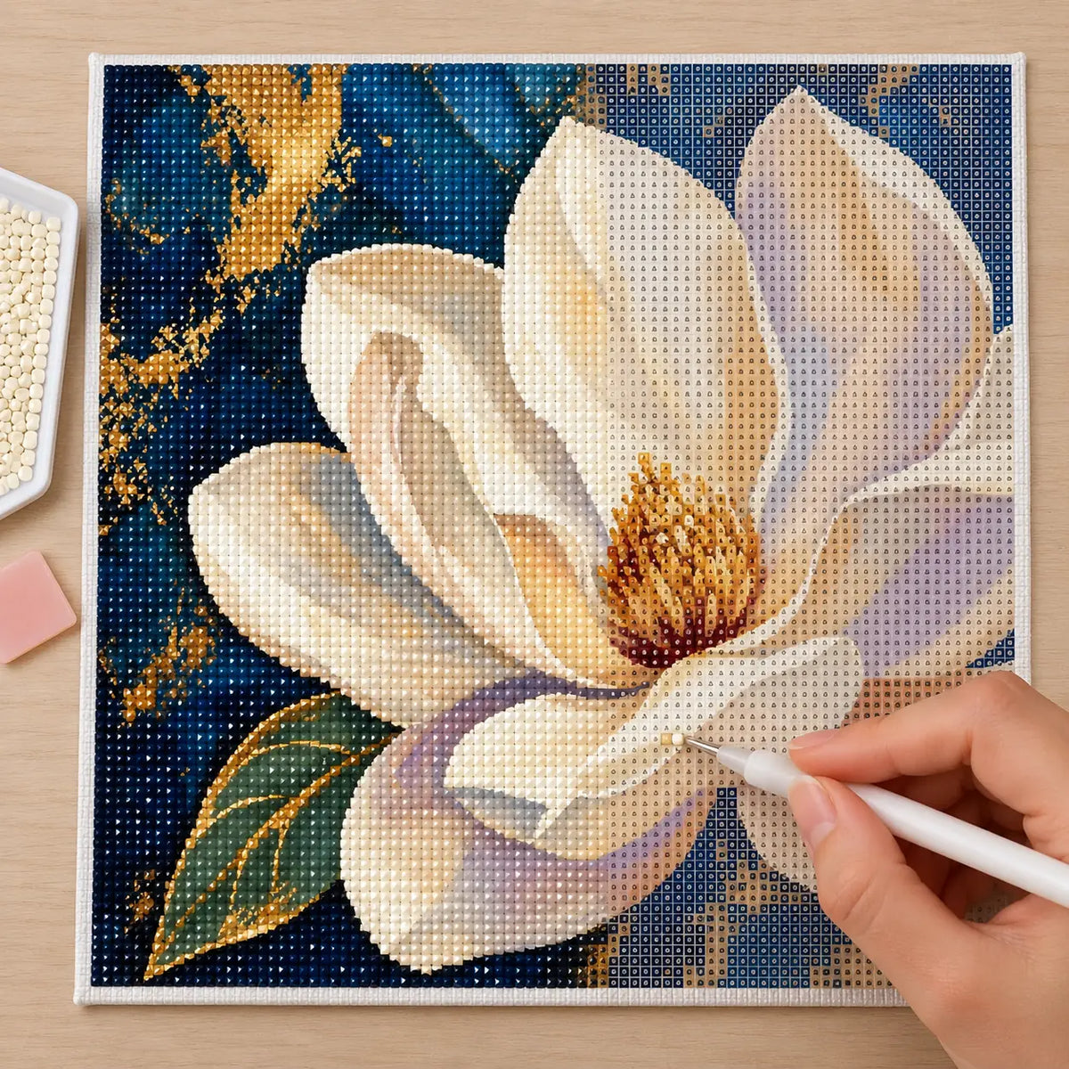 Diamond painting process for Ivory Blossom On Midnight